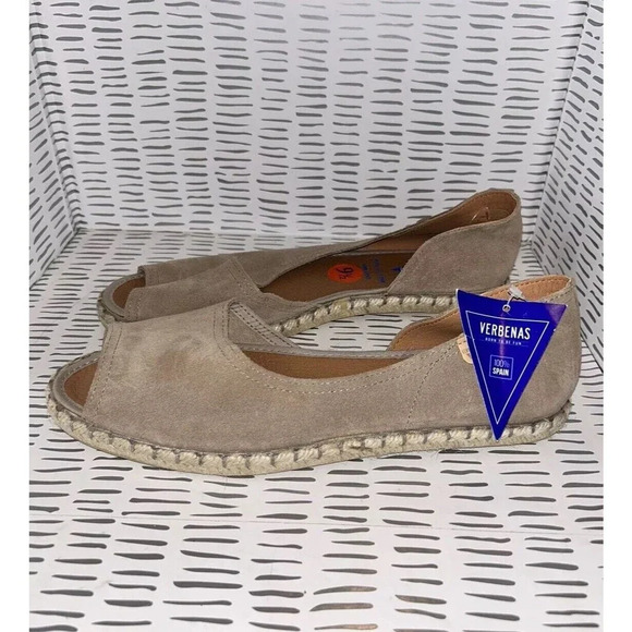 Verbenas Espadrilles Suede Flats Sz 9.5 Tan Leather Peep Toe Shoes SPAIN NEW - Picture 2 of 8